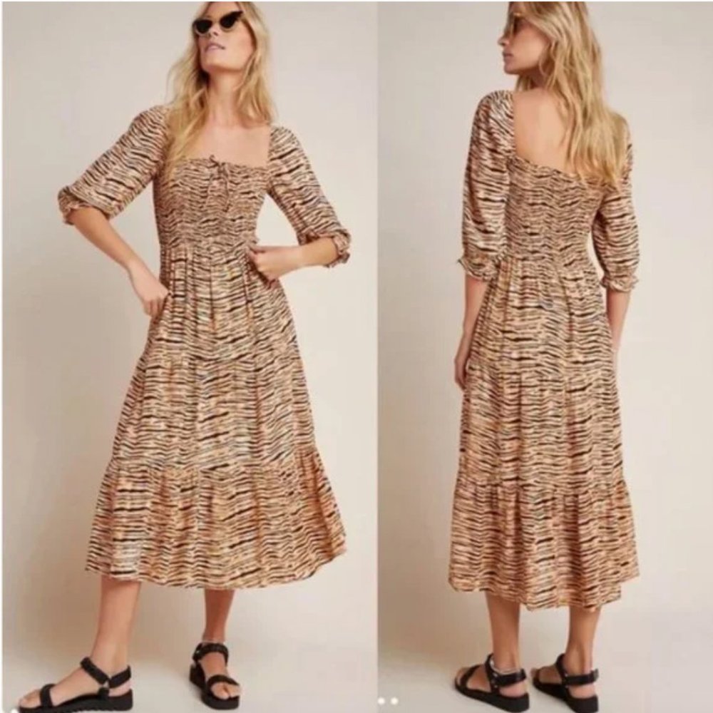 FAITHFULL THE BRAND brown tan Le Galet De Christin smocked tiger print dress